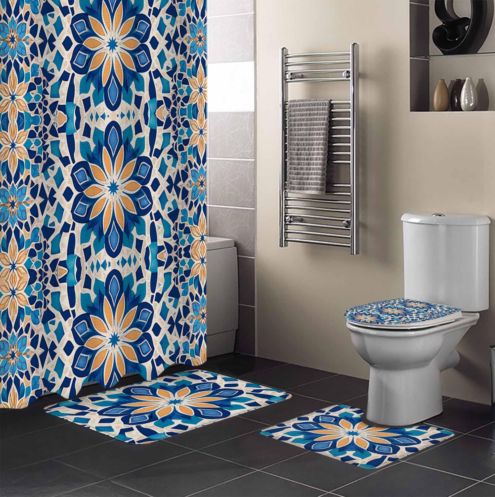 Blue Morocco Bathroom Set with Shower Curtain and Rug Accessories - 36x72 Inches Long Boho Flower Abstract Rustic Tribal Patterns Stall Curtain Waterproof with Large Bath Mat,Washable Runner Rug Set