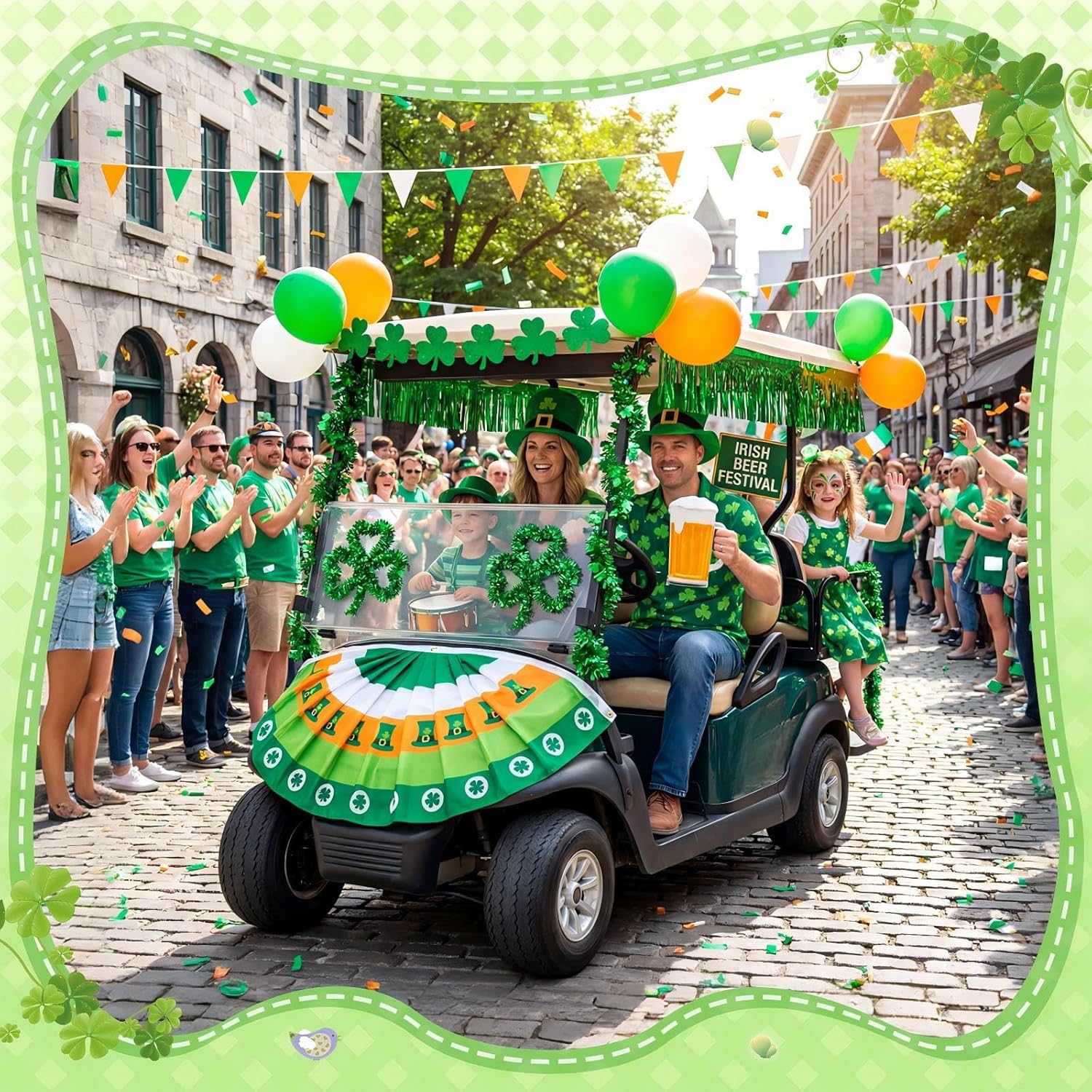 St Patrick's Day Golf Cart Parade Decoration Kit, 39 Pcs Shamrock Golf Cart Set with Clover Banner, Wreath, Bunting Flag, Foil Tinsel Fringe, Balloons for Irish Parade Float Decor
