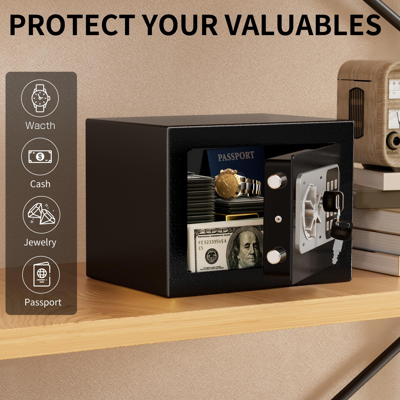 Digitaler Safe 6,8 l, kleiner Tresor für Zuhause, elektronische Sicherheitskassette, Wandtresor fürs Homeoffice mit 2 Schlüsseln, Mini-Safe 23 x 17 x 17 cm, schwarz