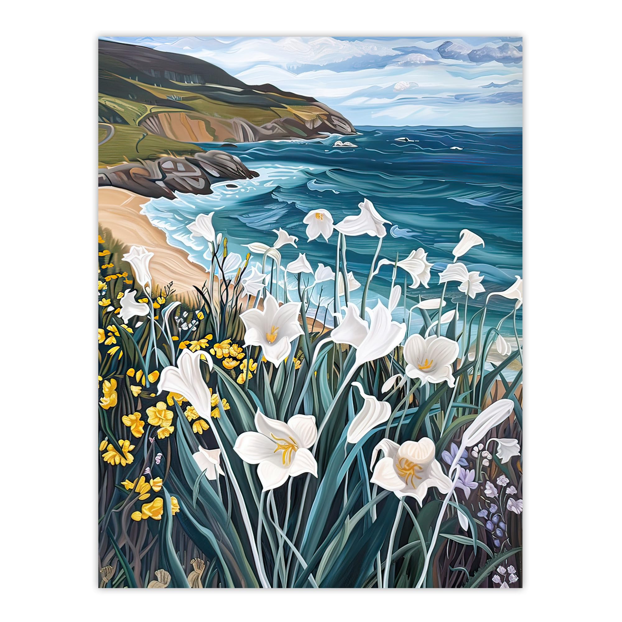 Artery8 Aberdaron Coastal Wales Daffodils Hills Painting Living Room Large Wall Art Poster Print Thick Paper 18X24 Inch