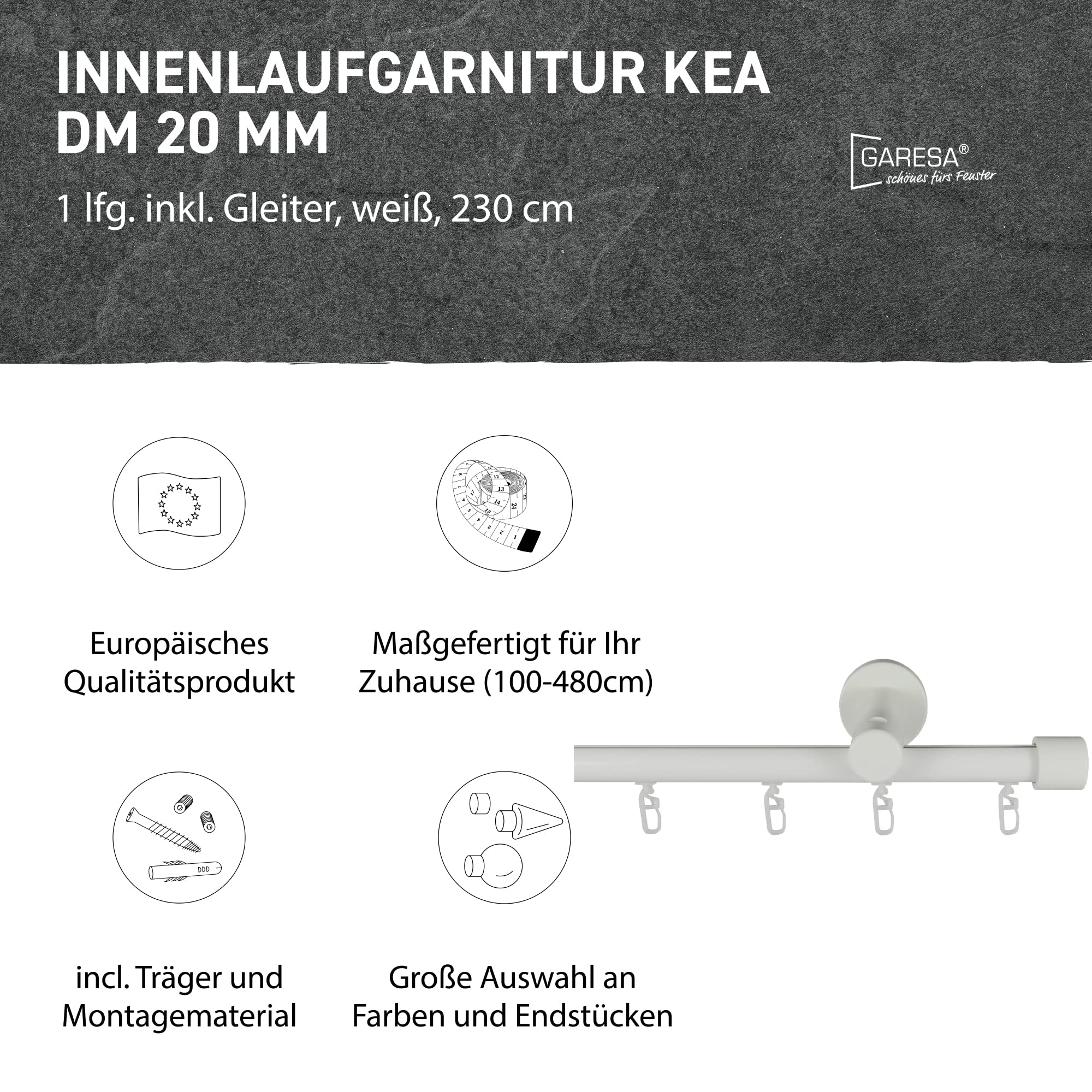 Garesa Gardinenstange Kea Ø 20mm, 1-läufig, Weiß I Aluminium Vorhangstange inkl. Gleiter I Endknopf Kappe aus Holz I Für mittelschwere Vorhänge I 230cm