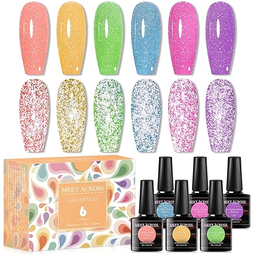 Meet Across - Esmalte de gel con purpurina reflectante juego de esmalte de uñas de gel con diamantes brillantes kit de manicura de esmalte de uñas
