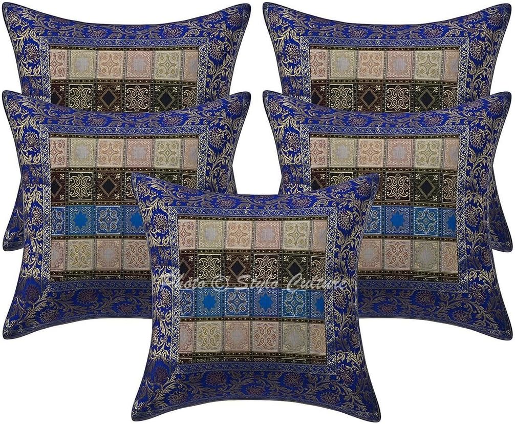 Indian Decorative Sofa Couch Accent Throw Pillow Covers 40x40 cm Brocade Bed Room Dark Blue Floral Jacquard Square Luxury Zippered Ethnic 16x16 Inch Cushion Covers - 5 Pcs