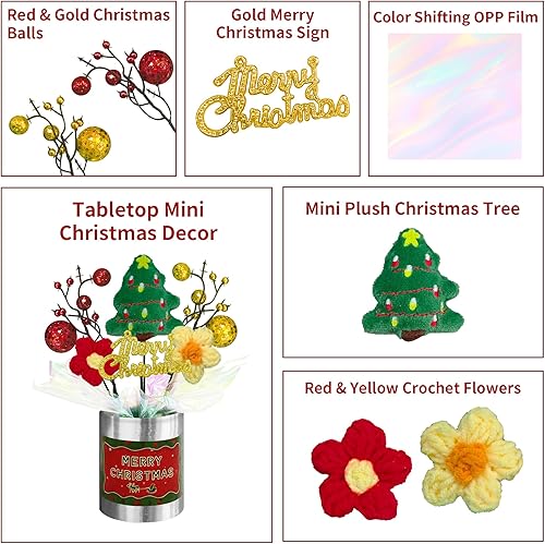 Miniatura 4 de Mini decoración de mesa navideña, árbol de Navidad hecho a mano y flores de ganchillo con base plateada, 8 pulgadas, pequeña decoración festiva para