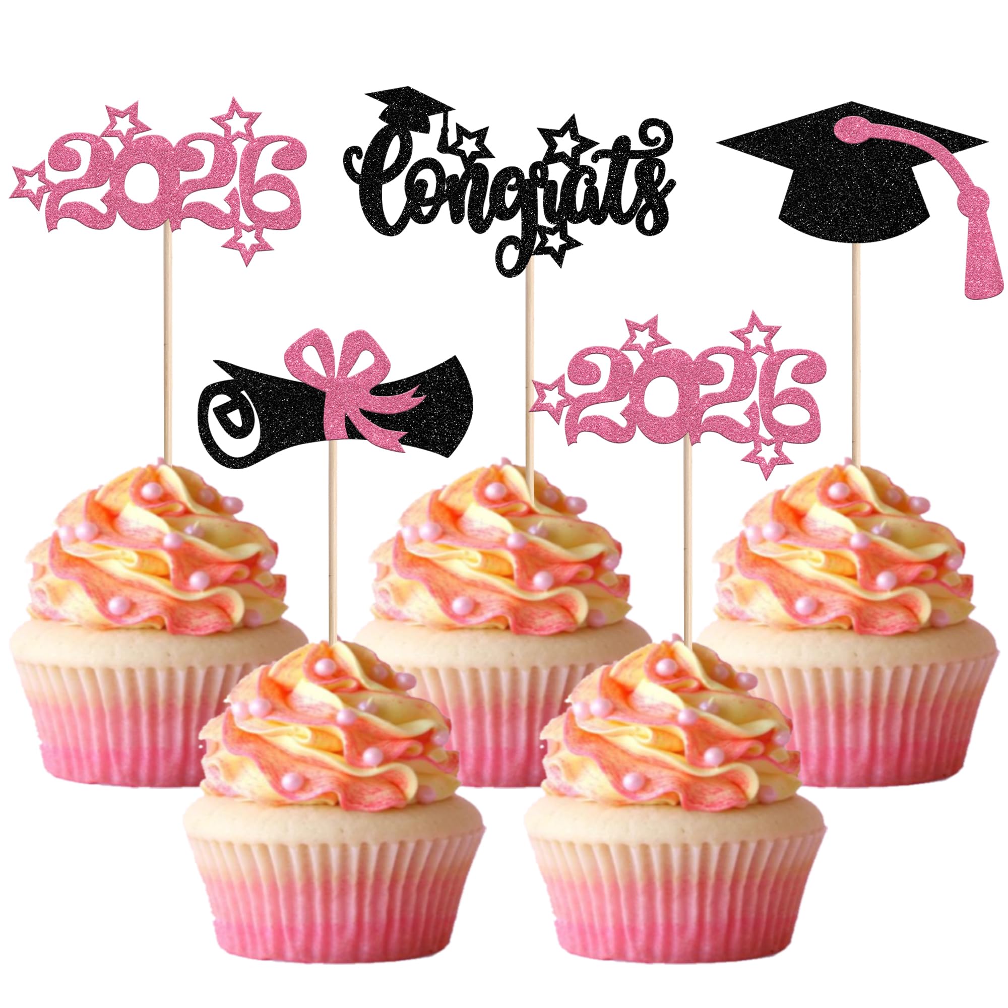 Xsstarmi 36 Pack Star Congrats Grad Cupcake Toppers Glitter Grad Cap Cupcake Picks Class of 2026 Cupcake Decorations for Diploma Done 2026 Graduation Party Cake Decorations Pink