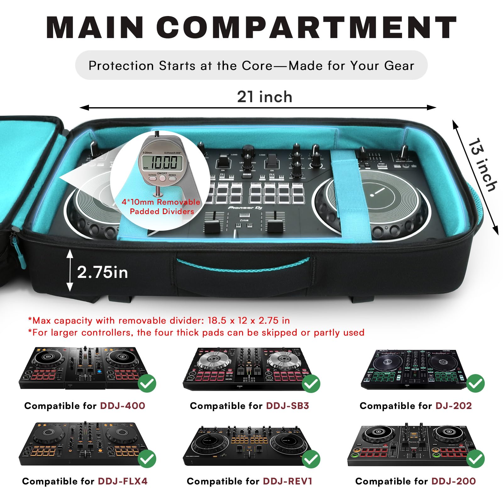 AUROTIER Bolsa para controlador de DJ DDJ-FLX4/DDJ 200/DDJ 400/DDJ REV1, mochila acolchada para DJ con múltiples bolsillos para laptop de 17 pulgadas, cables, funda mezcladora de transporte de DJ con