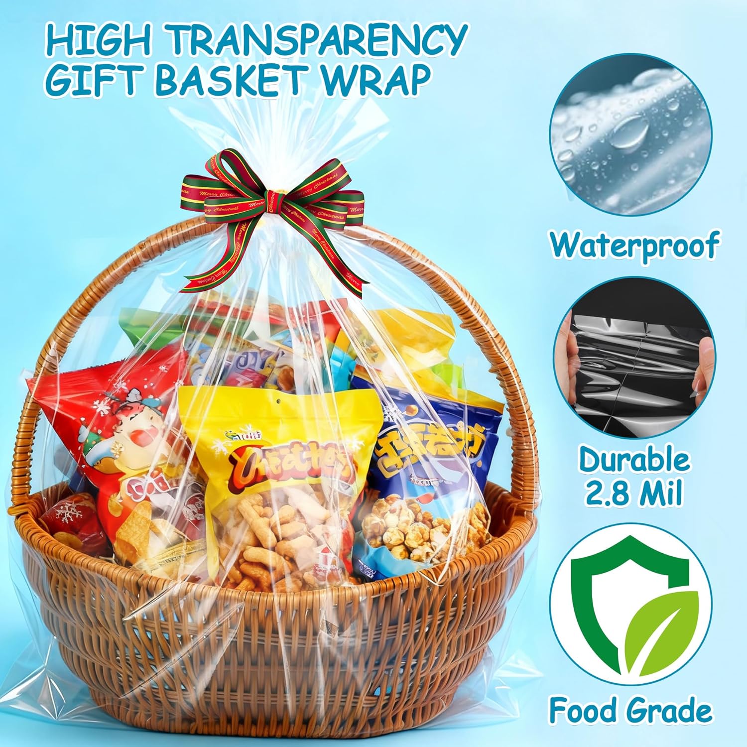 ZYLOP Extra Large Cellophane Bags for Gift Baskets 40x50 Inch - 6 Pack 2.8 Mil Thick Jumbo Clear Plastic Wrap, XL Cello Wrapping Bag, Clear Cellophane Gift Bags for Easter, Raffle Baskets, Wedding - Image 5