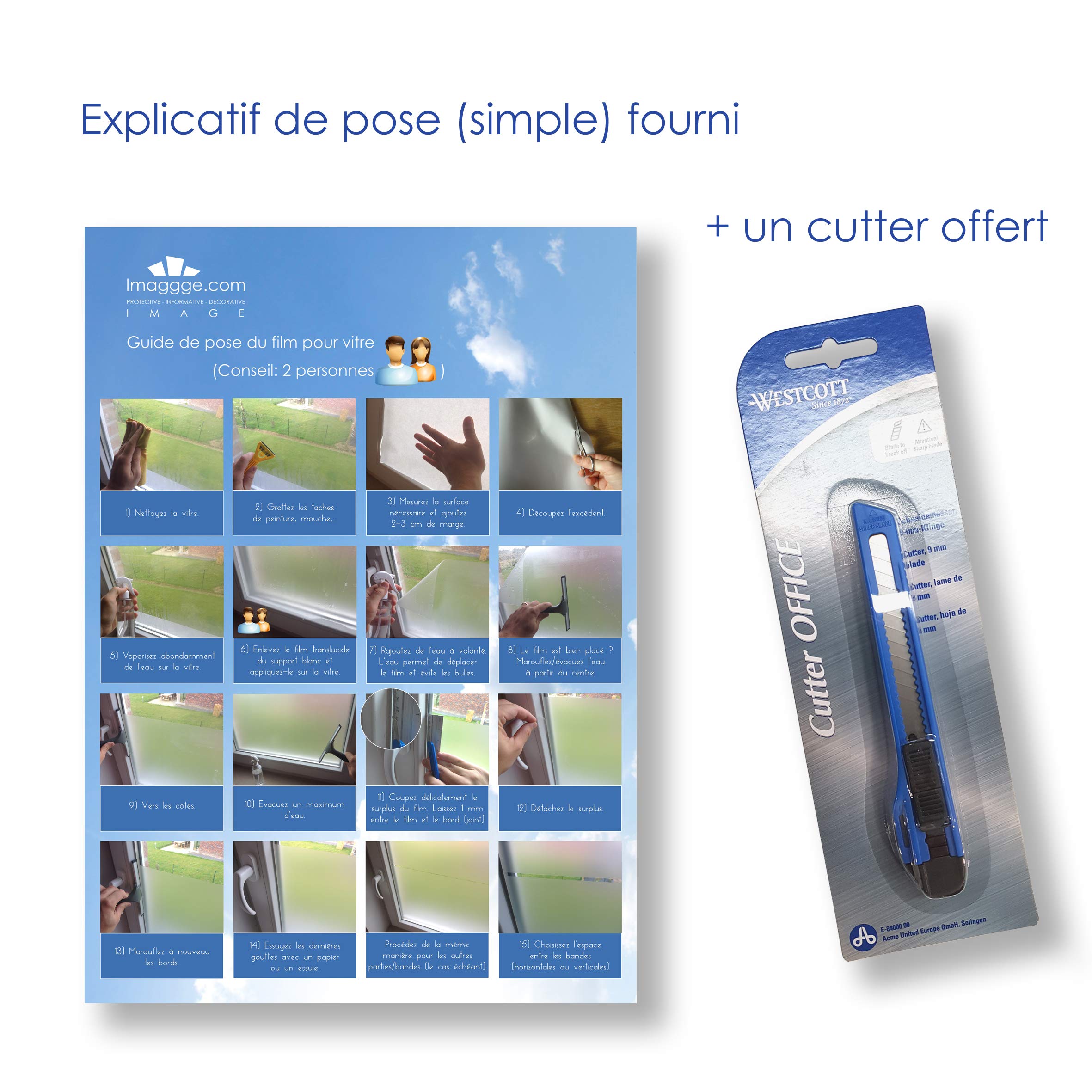 Film occultant Brise-Vue sablé/givré pour vitres et fenêtres (Rouleau de 98 cm sur 1.4 m) + Cutter Offert
