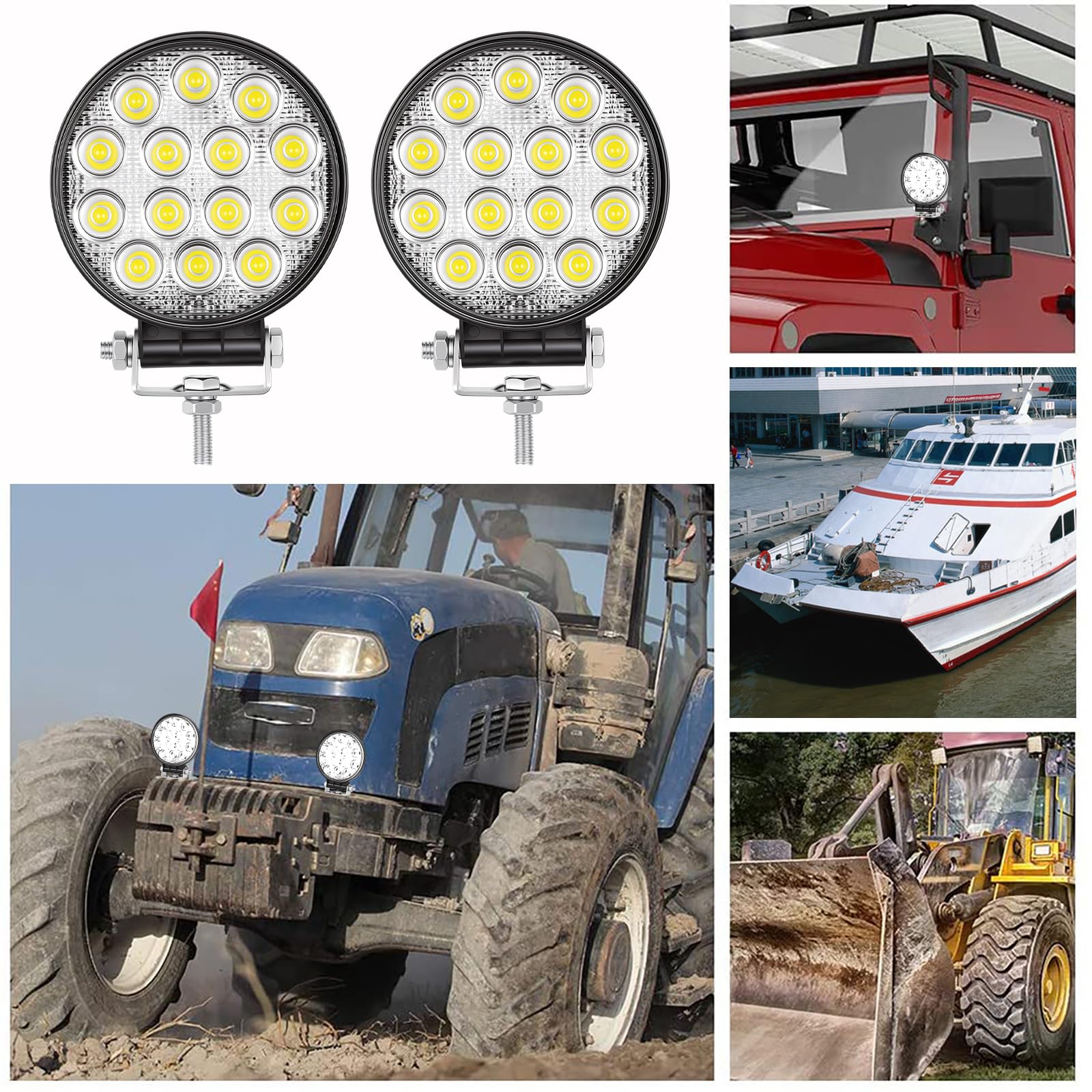 RIGIDON 2 Pcs Faro da Lavoro Led, Rotondo 4 Pollici 10 cm 42W Flood Luci di Lavoro a Led, Per Fuoristrada Auto Trattore Escavatore Camion SUV ATV 4x4, Faretti Fendinebbia 12V 24V 6000K Bianca