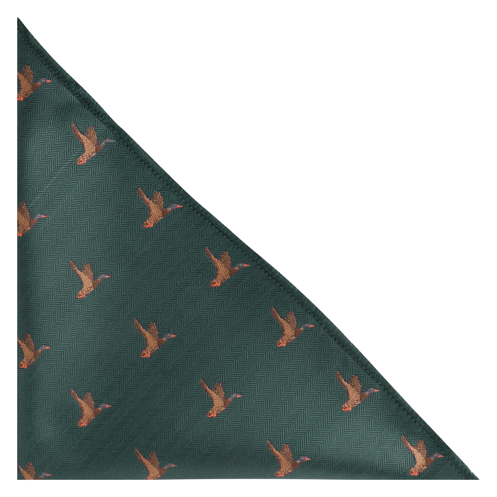King & Priory Flying Duck Dark Green Herringbone Embroidered Pocket Square, Handkerchief