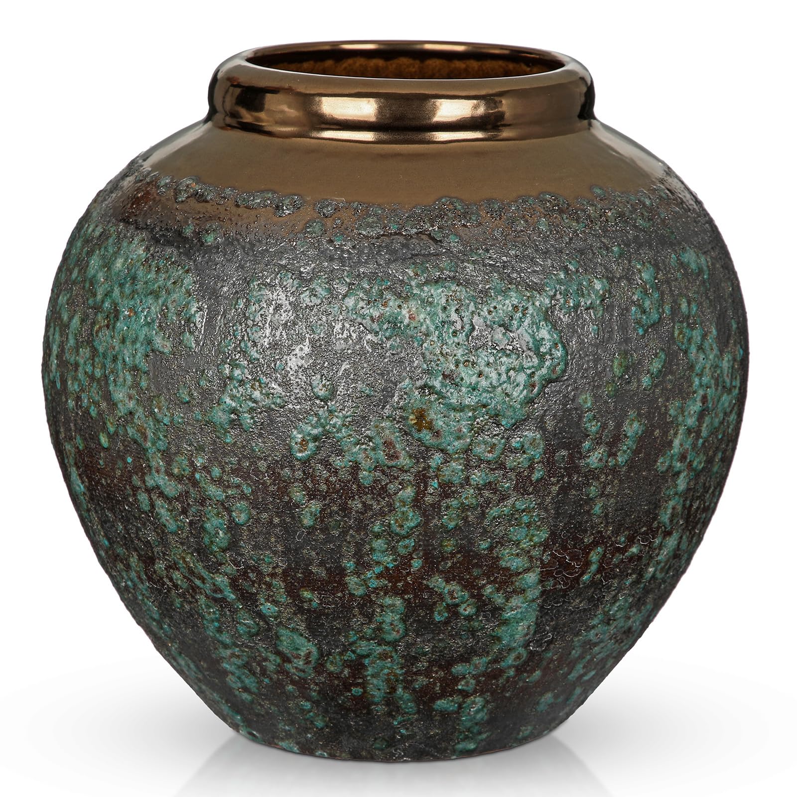 Oairse Ceramic Flower Vase 21cm Rustic Farmhouse Flower Vase with Wide Bronze Mouth, Vintage Tall Terracotta Vases for Home, Office, Living Room, Table, Shelf, Mantel Decoration