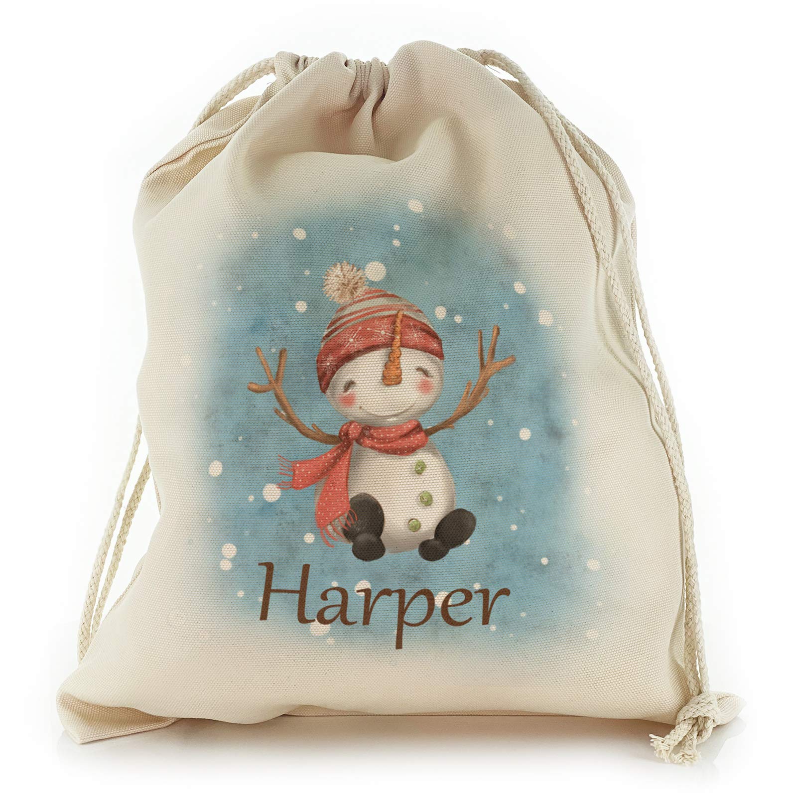 Personalised Gift Bag For Christmas, with Blue and White Spots Snowman Design Print, Reusable, Xmas Drawstring Sack Customised with With Name/Initials/Text, Sizes: XXS, XS, S, M, L, XL