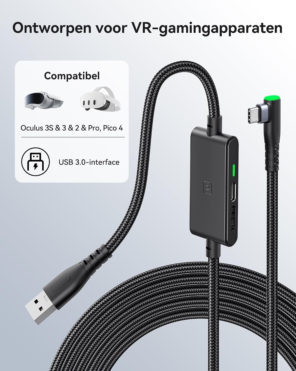INIU Link-kabel, 5 m, compatibel met Meta/Oculus Quest 3/2/Pro en Pico 4 Steam VR/gaming-p - Mise en situation et utilisation