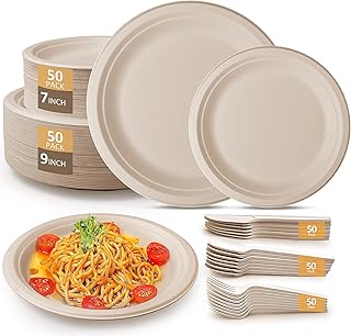250pcs Compostable Paper Plates Set, Heavy-Duty Disposable Paper Plates Eco-Friendly Sugarcane Fiber Plates Cutlery Includes Biodegradable Plates, Forks, Knives, Spoons for 50 Guests