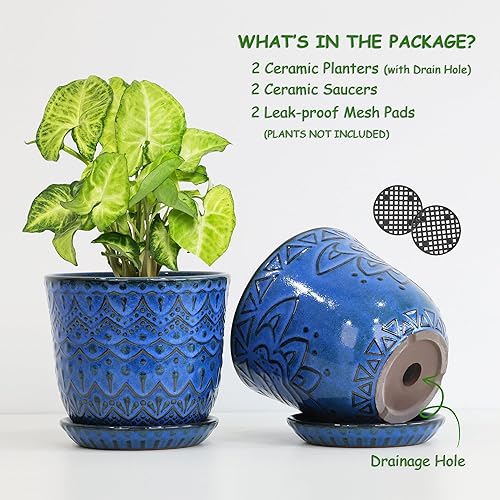 Gepege 6 Inch Beaded Ceramic Planter Set of 2 with Drainage Hole and Saucer for Plants, Indoor-Outdoor Large Round Succulent Orchid Flower Pot (Smoked Gray, Inner-pots not Larger Than 5 Inch)(Blue-c,6inch+6inch-set of 2)