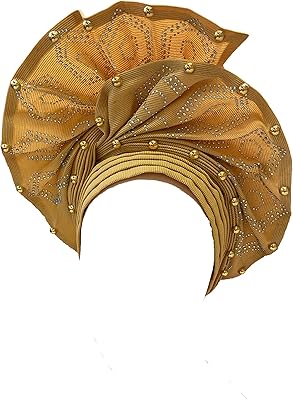 4 Season Auto ASO Oke Gele Headtie Head Wrap Beautiful with Stones Hard Auto Turban Cap Bandanas for Ladies Party Or Wedding (Gold)