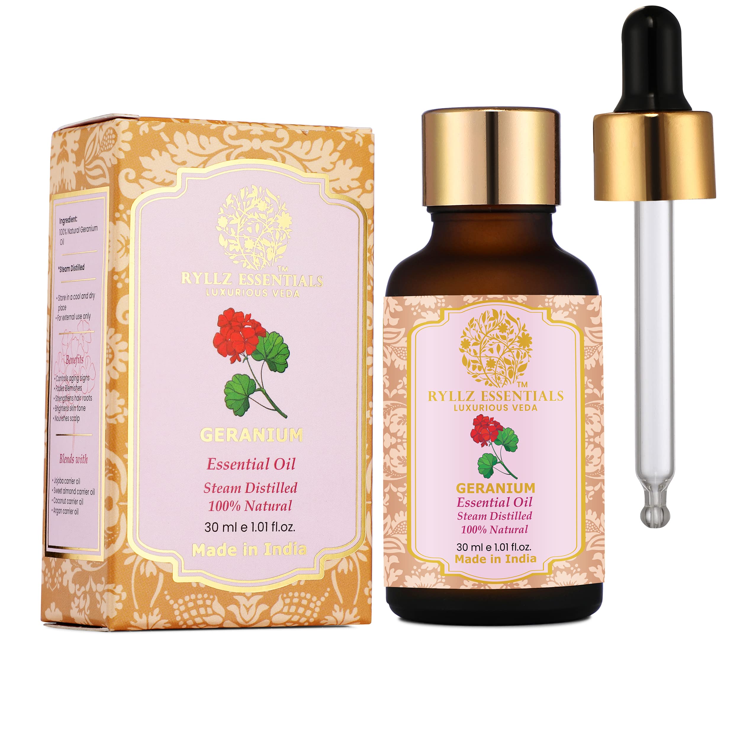 RYLLZ ESSENTIALS Germanium Essential Oil 30ml | For Home Fragrance, Skin Care, Hair Care, Hair Growth, Long & Healthy Hair, Minimize fine line & Wrinkles, Smooth Skin, Healthy Scalp, Bathing & Soap Making | 100% Pure & Natural | Undiluted & Steam Distilled | 30ml