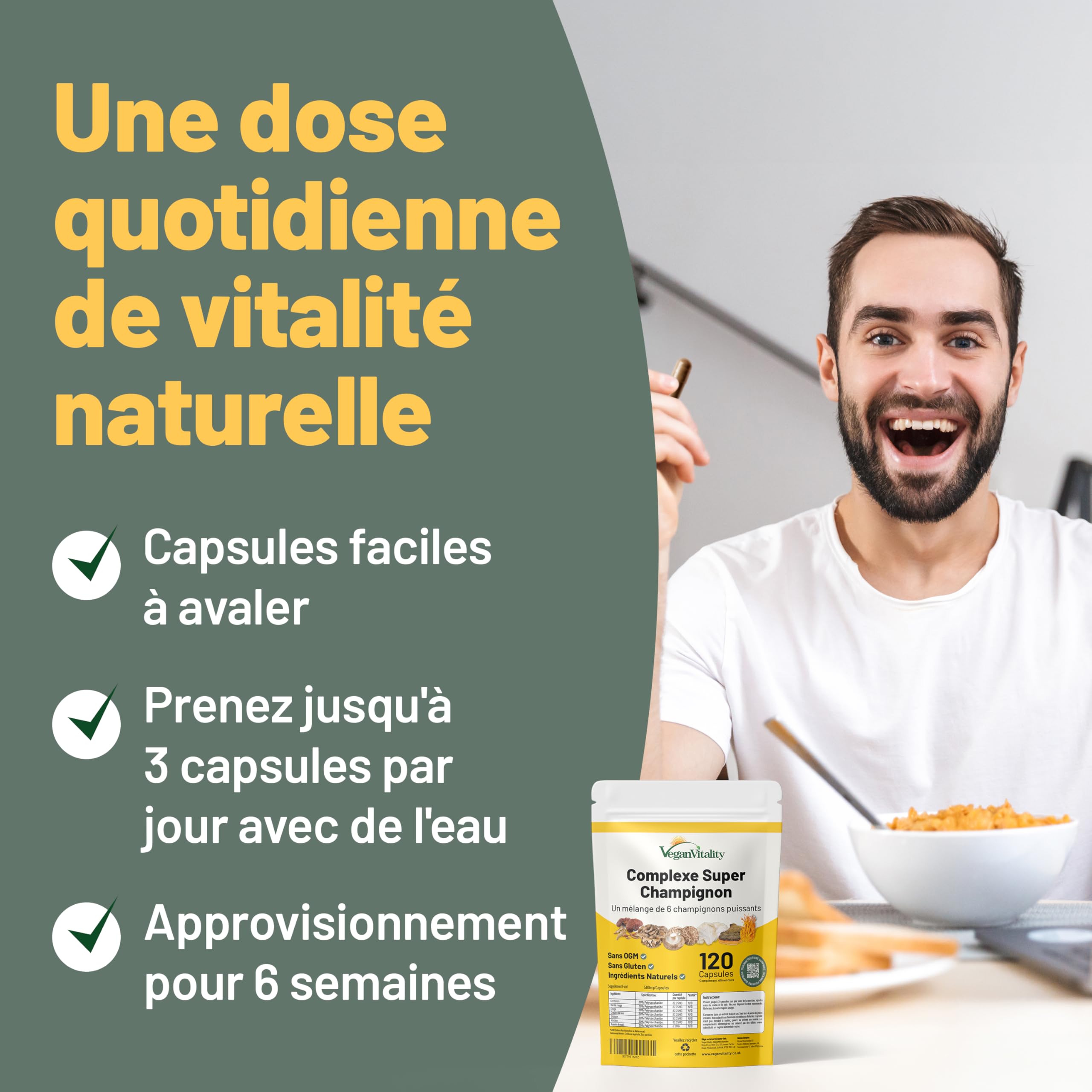 Suppléments à base de 6 champignons – Reishi, Lions Mane, Cordyceps, Chaga, Shitake and Maitake. 120 Capsules.