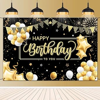 Happy Birthday Backdrop Banner Gatherfun Birthday Party Supplies Decorations Large Black and Gold Photography Background for Boys Girls Men Women Birthday Party