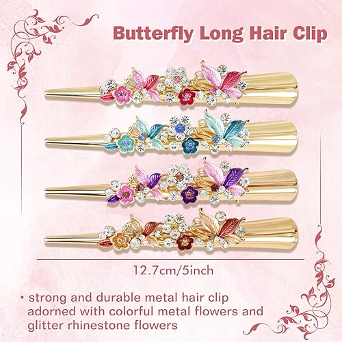 Miniatura 5 de Dizila Paquete de 4 pinzas de metal grandes y largas con diamantes de imitación brillantes, flores, mariposa, pico de pato, pasadores, accesorios