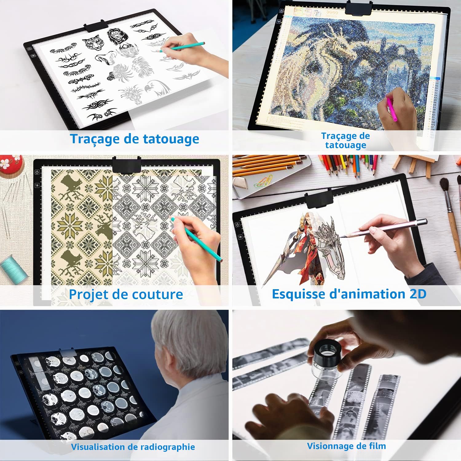 Tablette lumineuse a3 rechargeable avec sac&Support, 3 couleurs dimmables et 6 niveaux de gradation table lumineuse a3 pour le dessin, diamond painting, la peinture, la visualisation aux rayons X