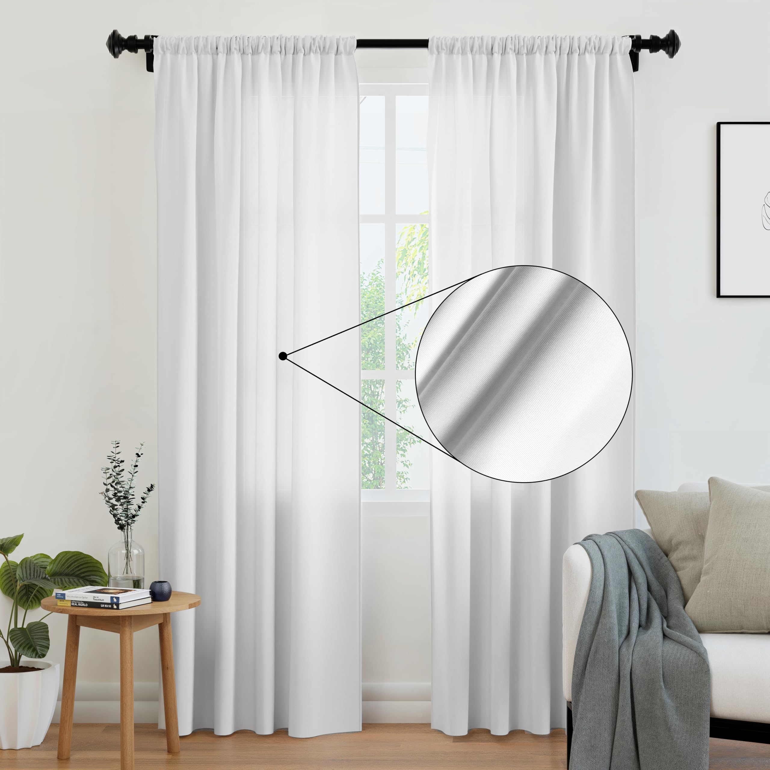 Encasa Homes Cortinas sólidas de poliéster con Atado, 140x137 cm Window Juego de Paneles de 2 - Poli Blanco, Bolsillo de Vara, Filtro de luz, Cortinas para Puerta, Dormitorio, Sala de Estar