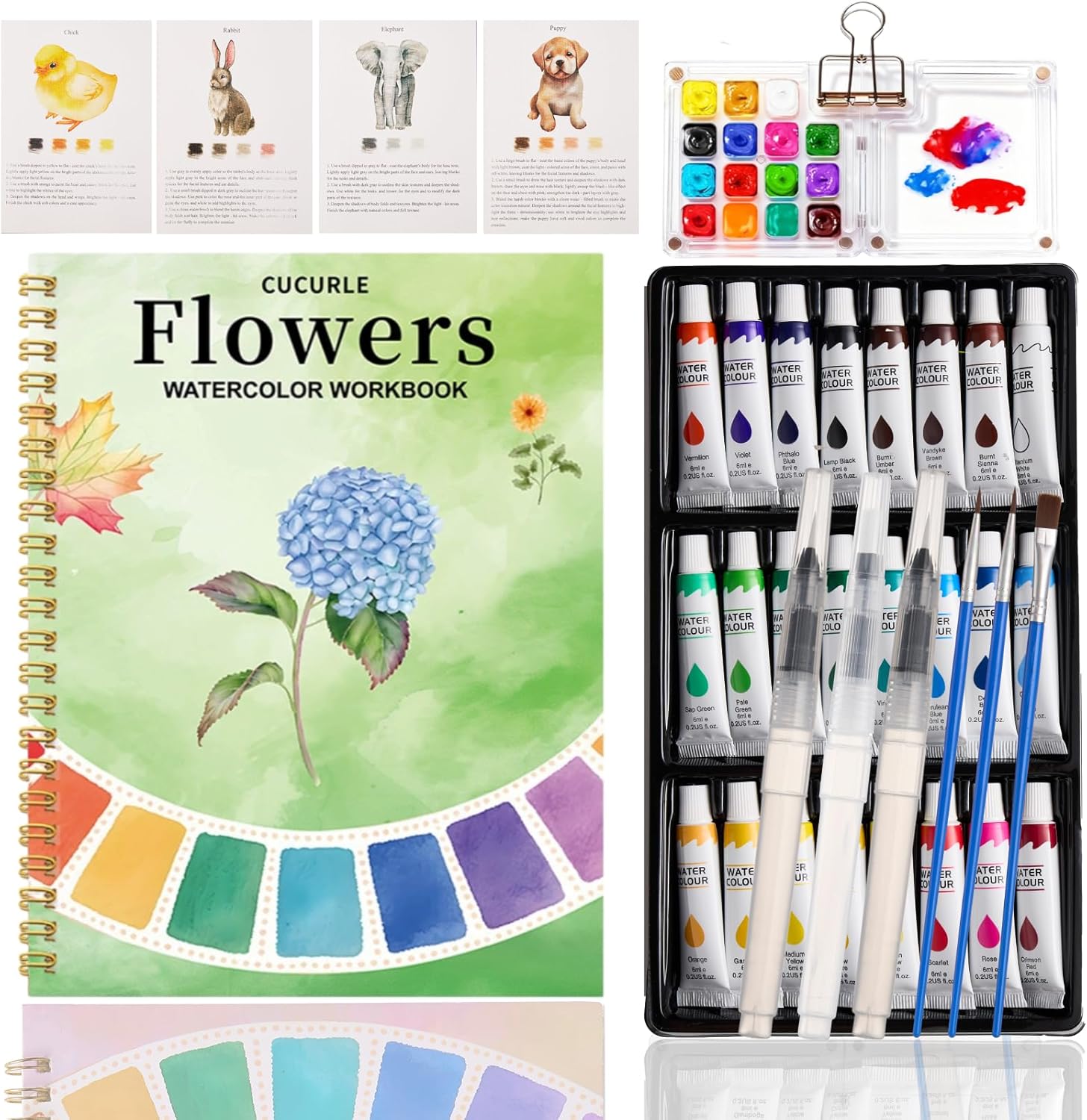 Watercolor Workbook, Water Coloring Book, 24 Colors Watercolor Paint Set with Palette and Brush, 12 Different Patterns of Original DIY Designs, Beginner-Friendly Water Color Workbook (Flowers 1)