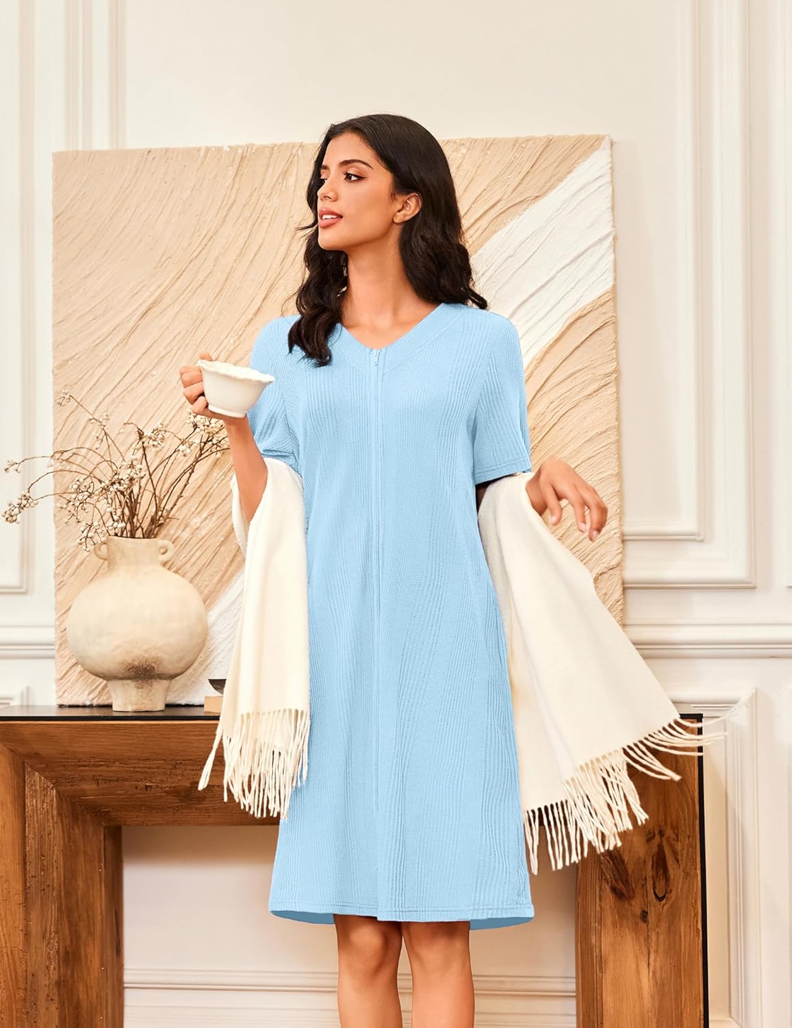 Ekouaer Women Zipper Robes Waffle Short Bathrobe Lightweight House Coat with Pockets Soft Nightgown S-3XL - Image 4