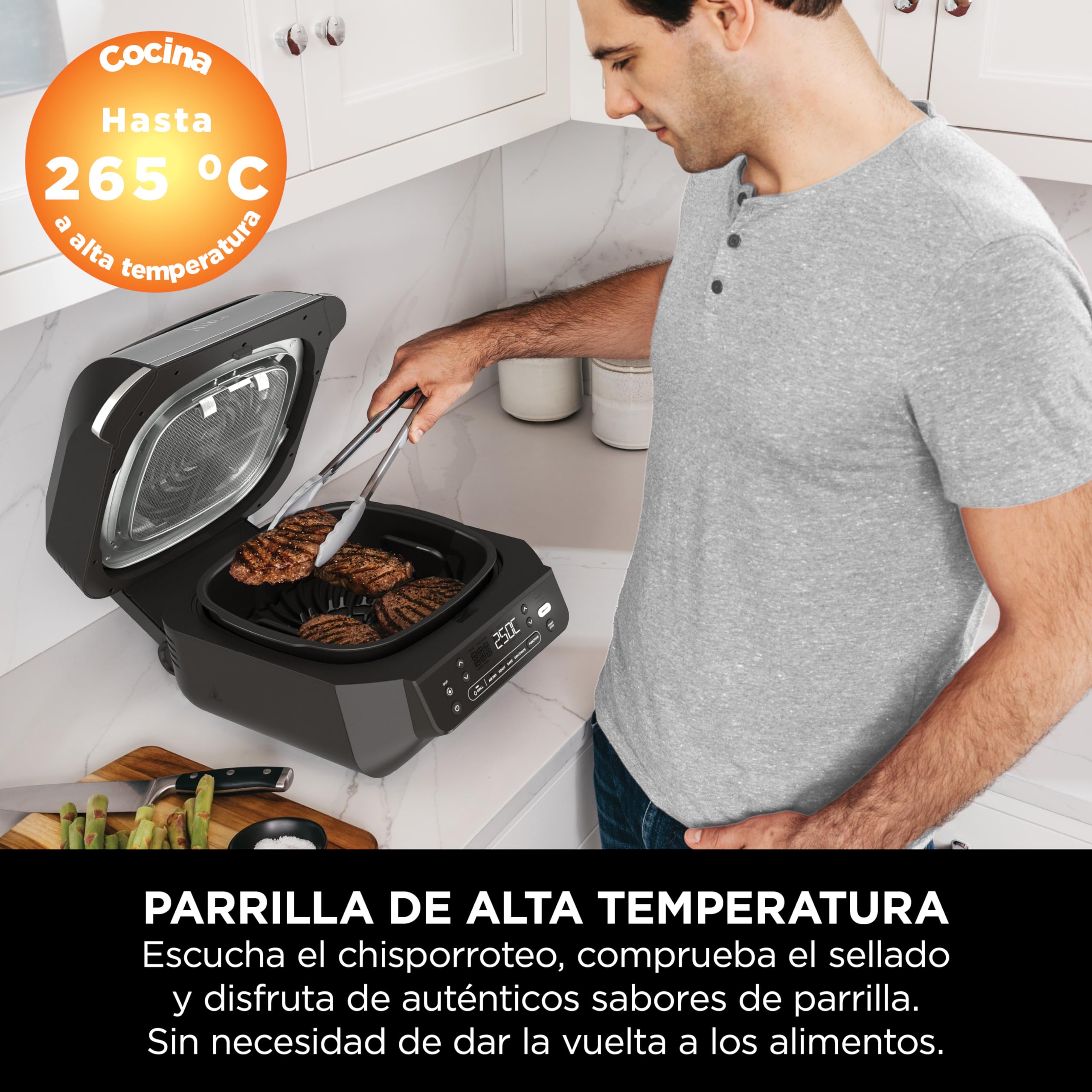 Ninja 5 en 1 Freidora de aire y parrilla de interior, 5 funciones de cocción sin humo, cocina hasta 4 hamburguesas, capacidad de 5,7 l, incluye termómetro digital para carne, negro/plata, EG351EU