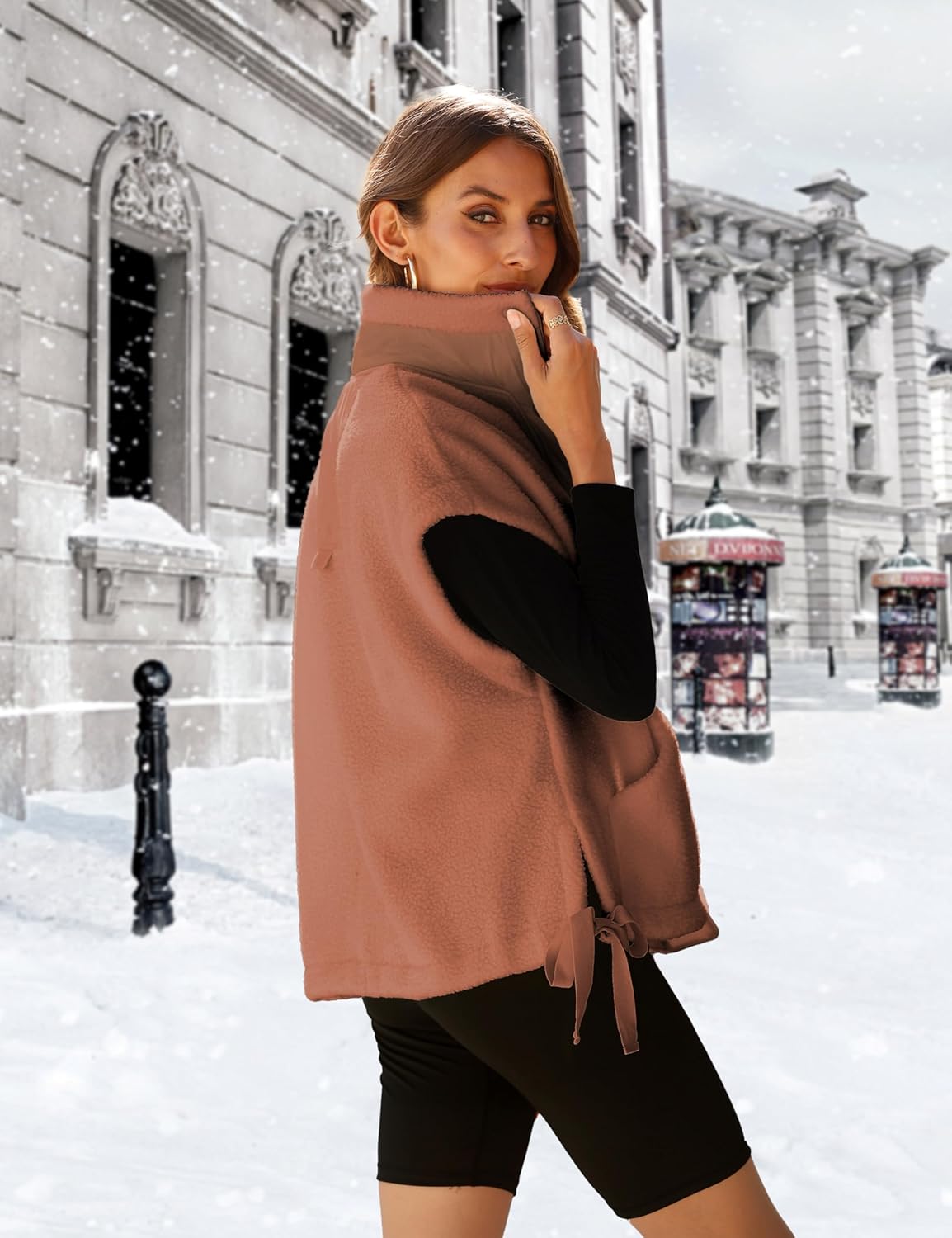 Sherpa Jacket for Women Casual Fleece Vest Oversized Sleeveless Outwear Warm Button Down Gilet with Pockets - Image 4