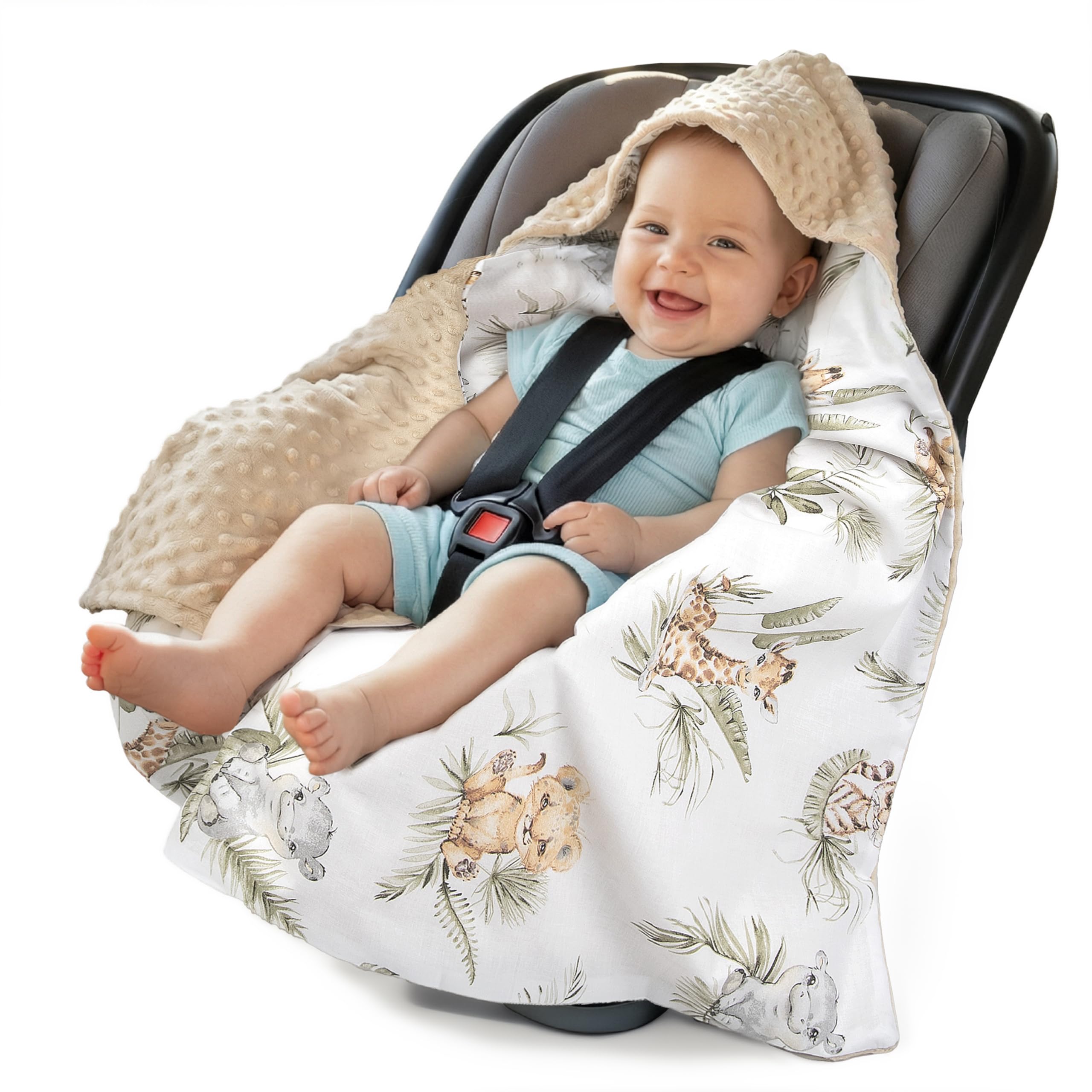 Medi Partners Einschlagdecke Baby Babyschale 100% Baumwolle für Sommer 85x85cm Kinderwagen Kuscheldecke universal Baby Decke Einschlagdecken Babydecke Buggy Autositz (Safari mit beigem Minky) Safari mit Beigem Minky 85x85cm