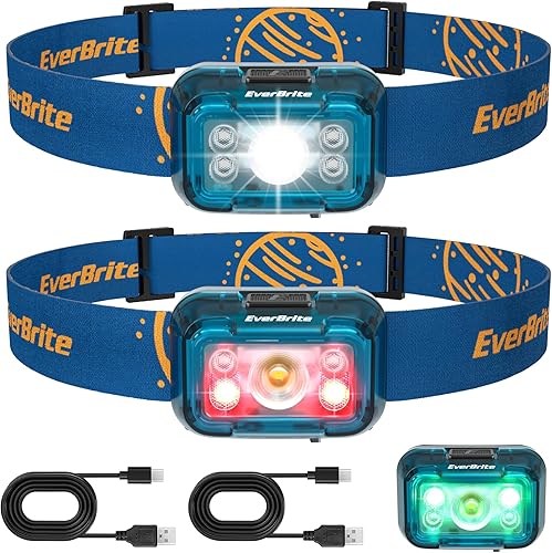 EverBrite Linterna frontal recargable, paquete de 2 faros para niños con luz blancarojaverde y función de memoria, lámpara de cabeza para adultos y