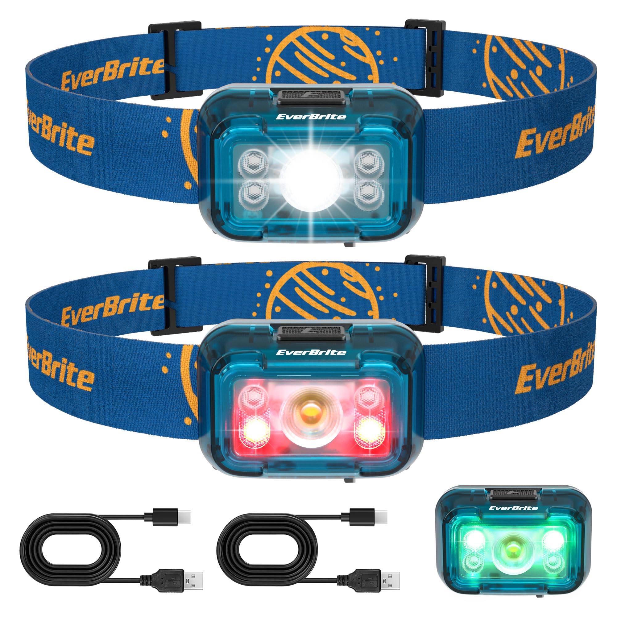 EverBrite Rechargeable Headlamp, 2 Pack Kids Headlamp with White/Red/Green Light and Memory Function, Head Lamp for Adult and Kid with 5 Modes, 120°