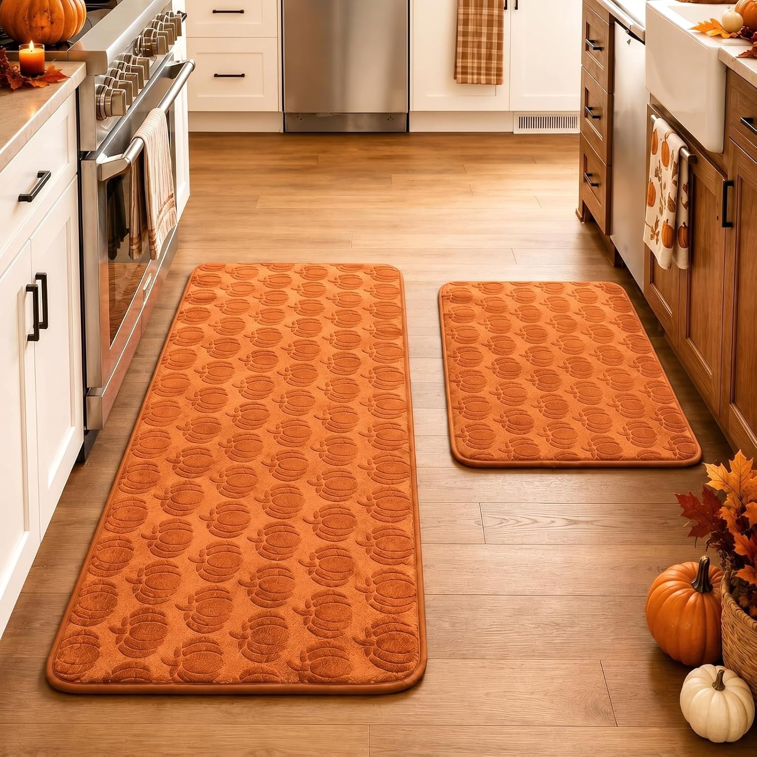 Dunzy Fall Pumpkin Kitchen Mats Set of 2 Thanksgiving Kitchen Rugs Autumn Home Decor Anti Fatigue Runner Floor Rugs for Bedroom Laundry Bath 30"× 20" & 48"×20", Orange