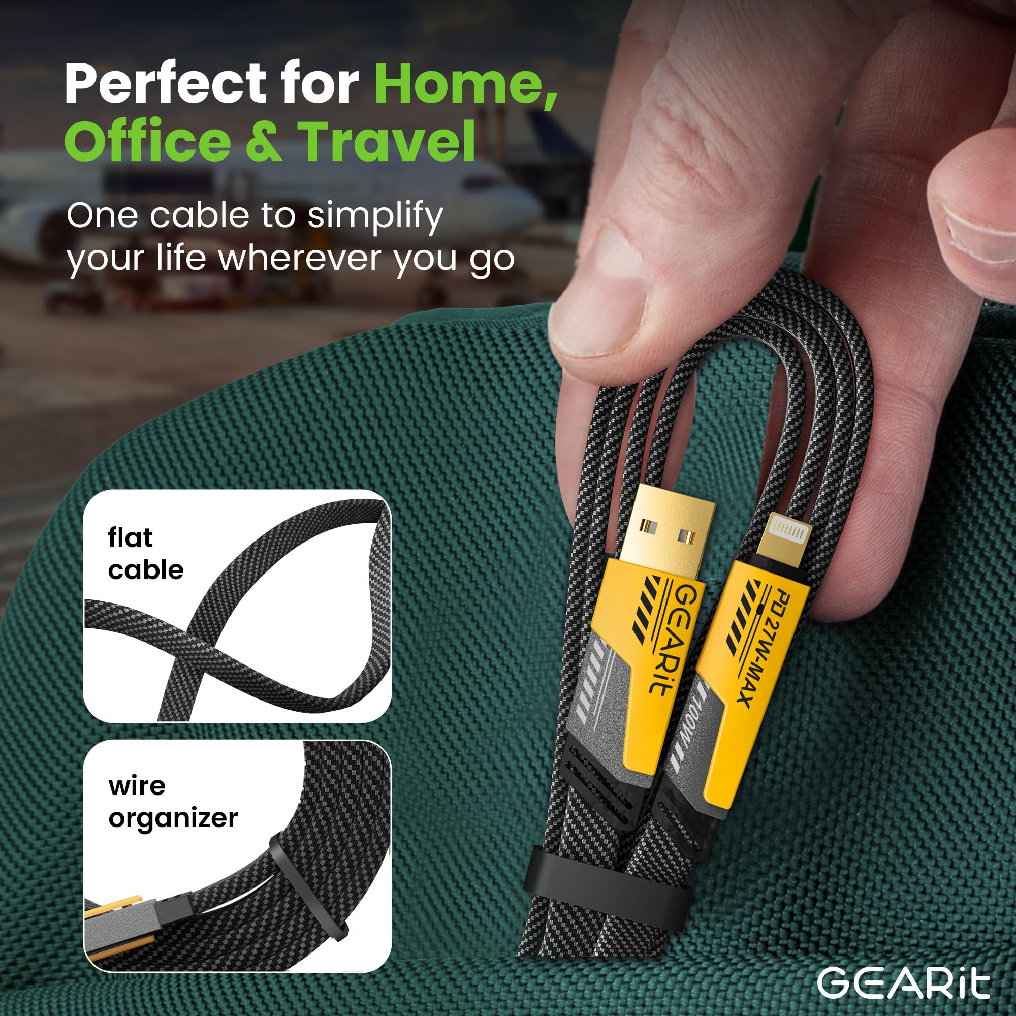 GEARit Câble de charge 4 en 1 100 W – Câble plat USB-C vers USB-C à charge rapide avec connecteurs USB-A et Lightning – Cordon universel multi-appareils – Compatible avec iPhone, MacBook Pro, 1 m