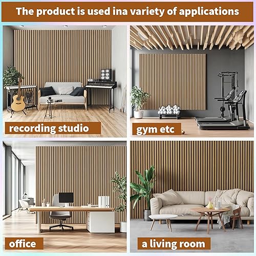 Miniatura 7 de Paquete de 2 paneles acústicos de madera de 108 x 12 pulgadas, paneles de absorción de sonido 3D estriados para pared y techo, paneles de listones