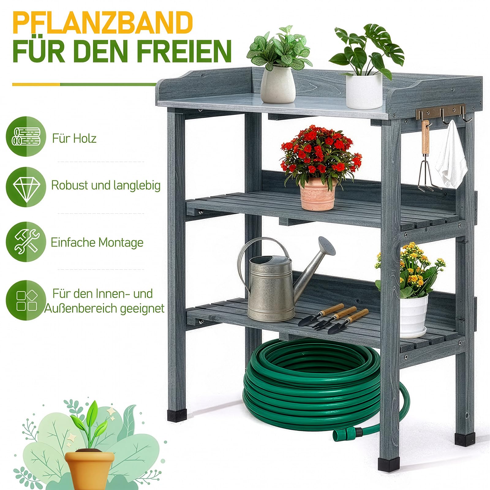 LEADZM Pflanztisch Outdoor wetterfest 74 x 36 x 90 cm - Verzinkte Arbeitsplatte, zweistufiges Regal und 3 Haken, pflanztisch für Garten/Balkon/Terrasse (Grau)