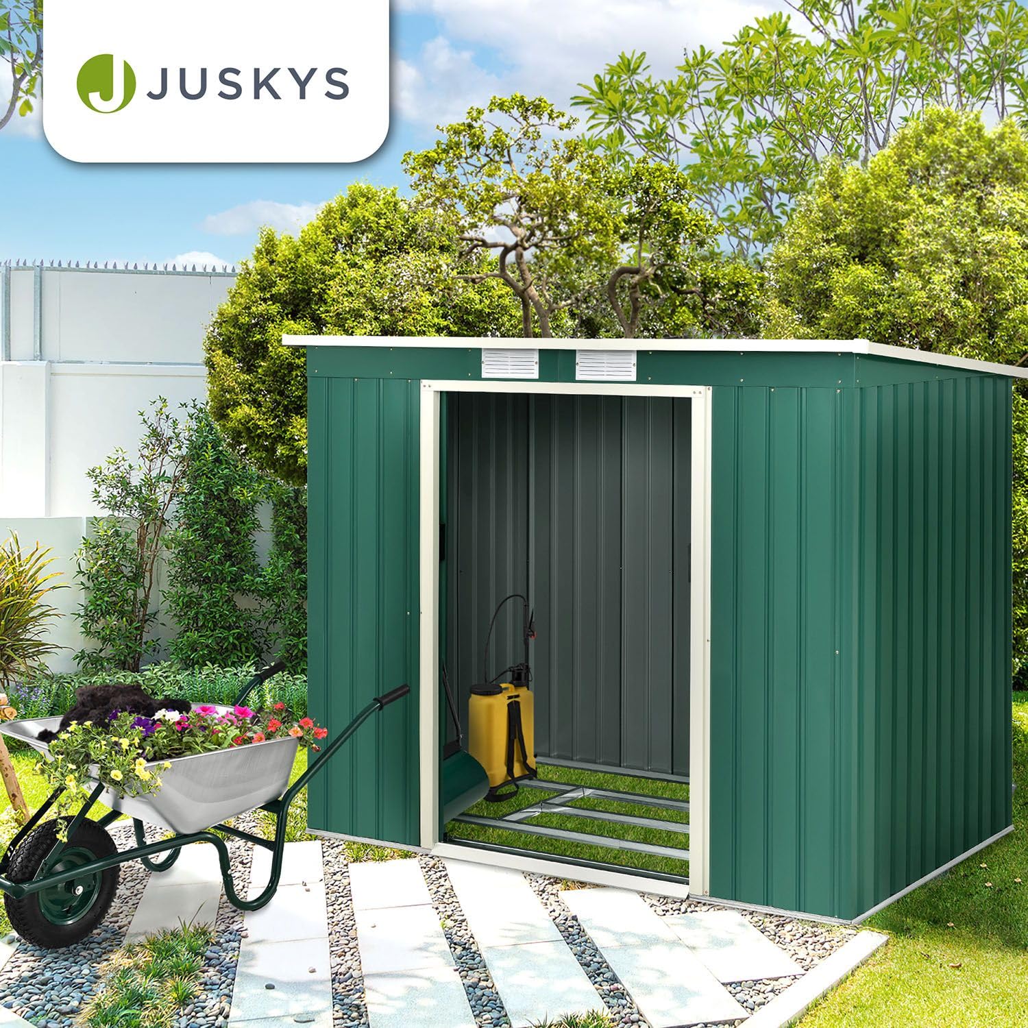 Juskys cobertizo de Metal M 4 m³ con tejado a un Agua, Puerta corredera y Bastidor de cimentación - 213 x 130 x 173 cm - Verde - Caseta para Herramientas de Acero cobertizo de jardín cobertizo