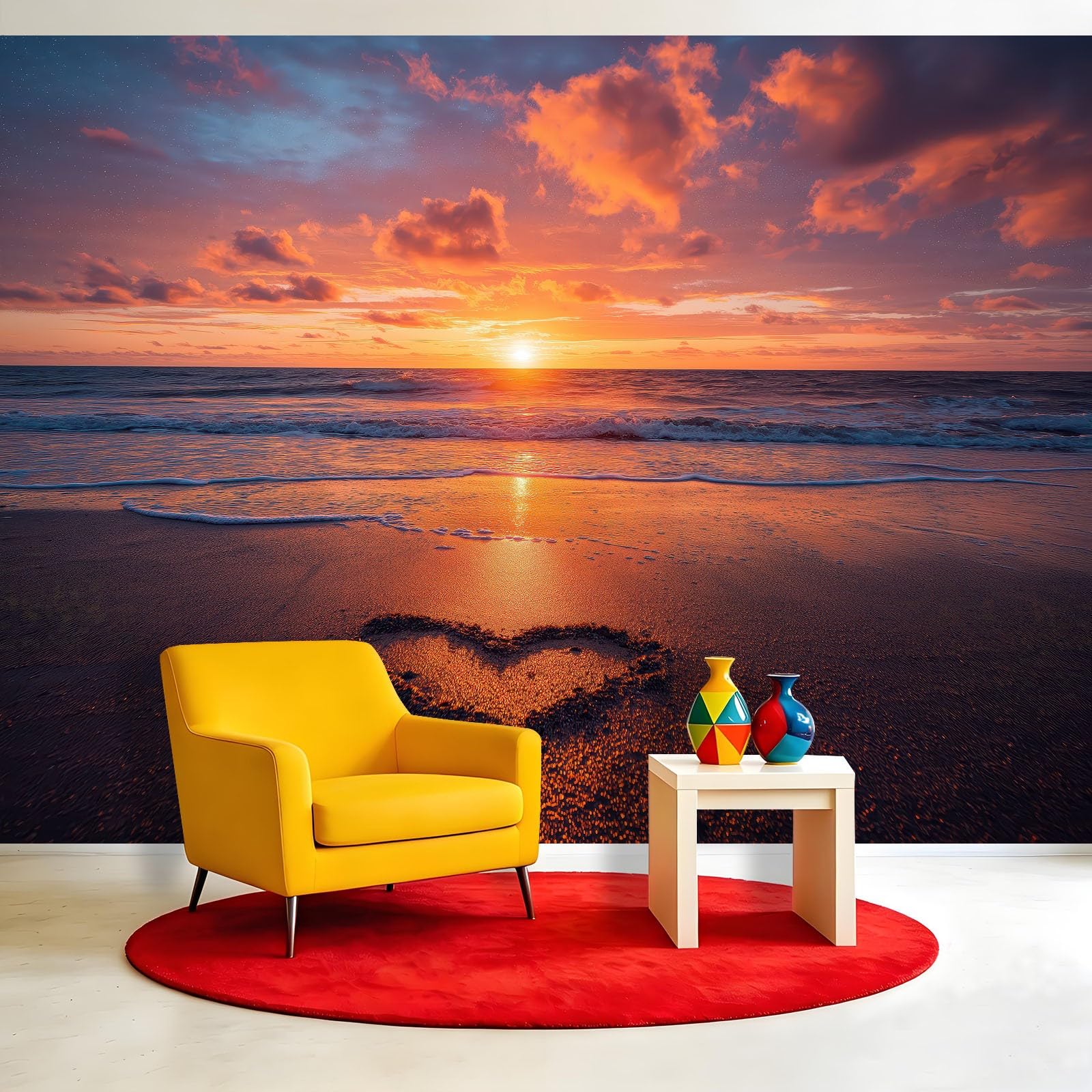 Panoramiczna tapeta z włókniny, natura, krajobraz, zachód słońca, 350 x 256 cm, tapeta z włókniny, dekoracja do salonu i sypialni, efekt 3D, ocean, serce, piasek, horyzont