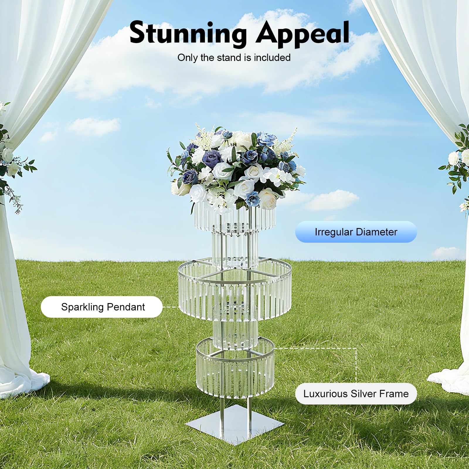5 livelli di cristallo per matrimonio, colonna di fiori, altezza 110 cm, supporto decorativo in metallo, per matrimonio, fidanzamento, compleanno, decorazione da tavolo, argento