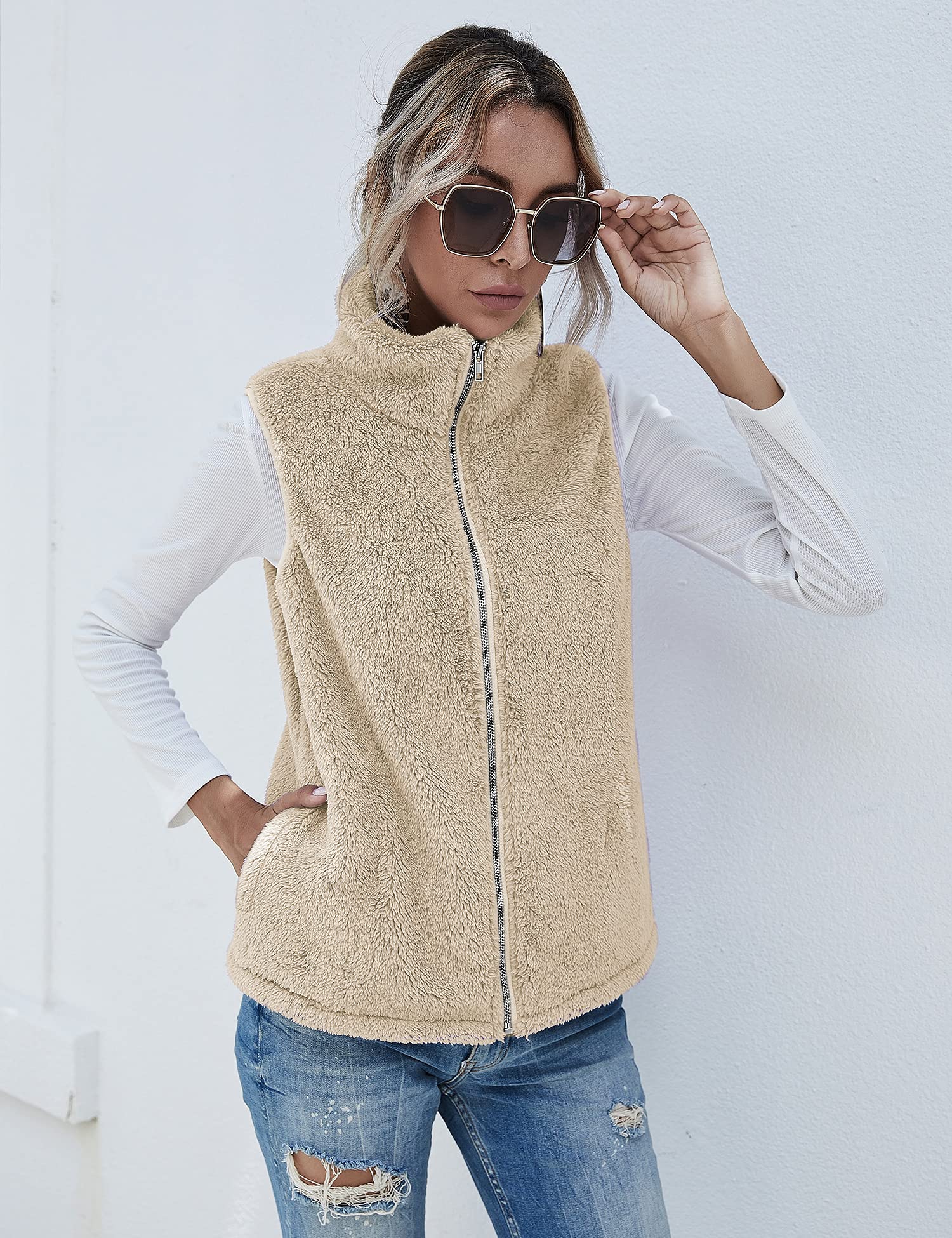Rapbin Teddy Fleece Weste Damen,Herbst Winter Warm Ärmellos Westen Pelzjacke & Leicht Casual Einfarbig Damenweste Herbstmantel