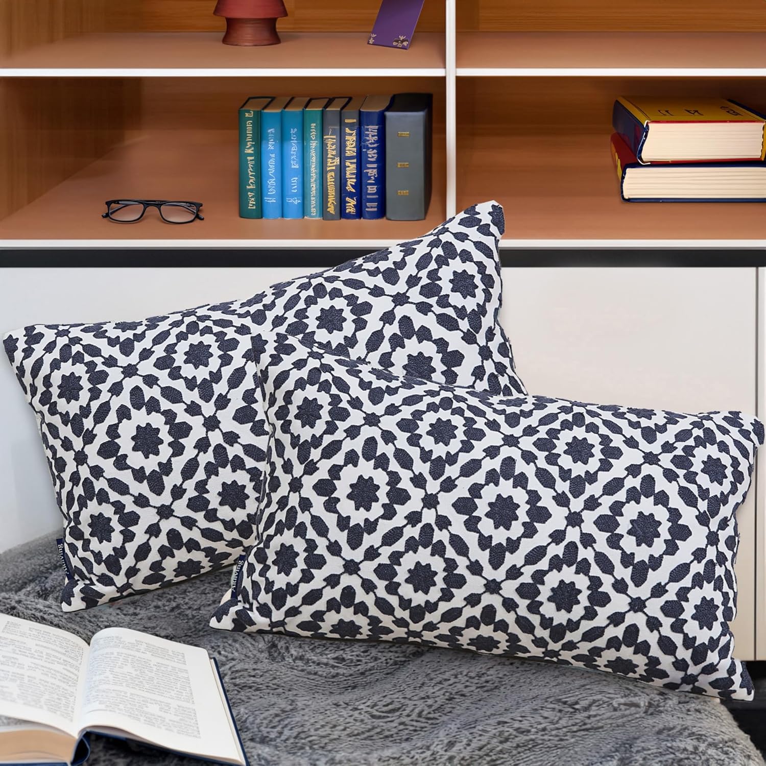 2PCS Pack Aitliving Decorative Throw Pillow Covers Muted Slate Blue Trellis Embroidery Dark Blue Mina Lumbar Pillowcases Cushion Covers Navy Blue Lumbar Pillow Sham 30x50cm for Outdoor Accent Pillows