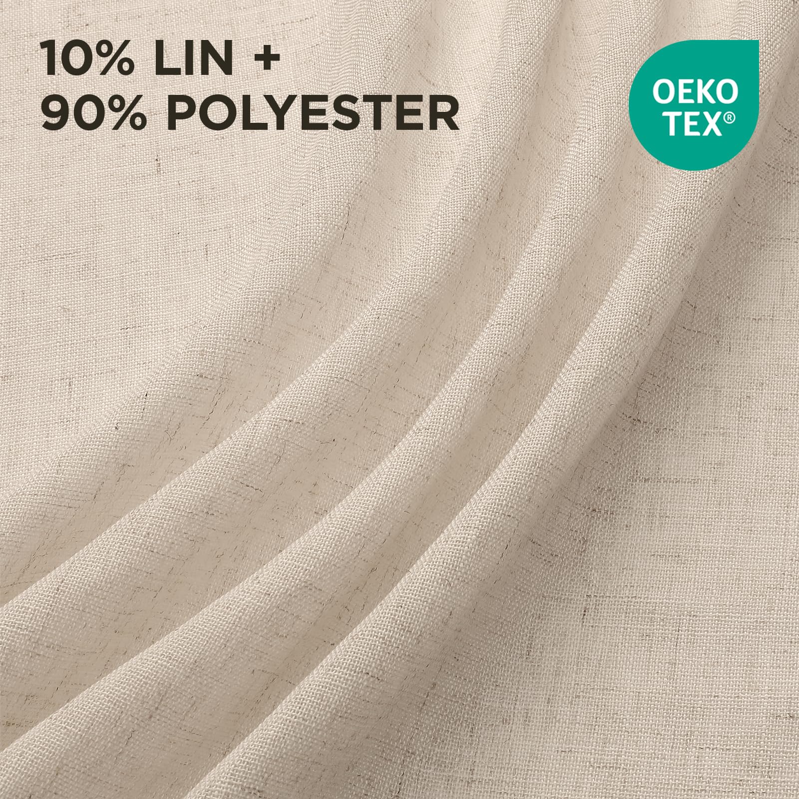 Joydeco Rideau Voilage Lin Naturel avec Galon Fronceur sur Rail 140x245cm 2 Panneaux, Rideaux Voilages Semi-Transparent Hauteur 245cm pour Decoration de Porte-fenêtre Chambre Salon, Beige
