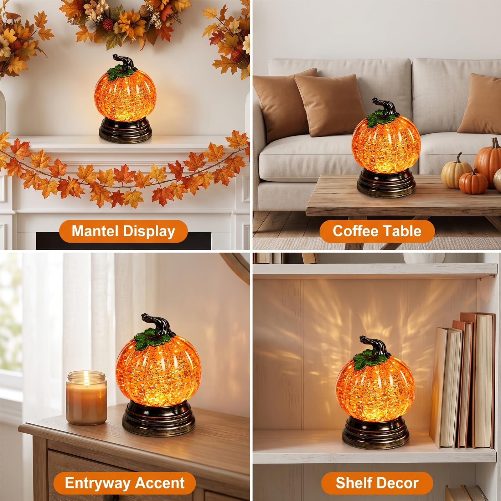 Globo neve zucca illuminato glitterato, simpatico globo neve autunnale | Centrotavola autunnale Halloween con calda luce LED arancione, decorazione caminetto Ringraziamento for casa, tavoli(2pcs)