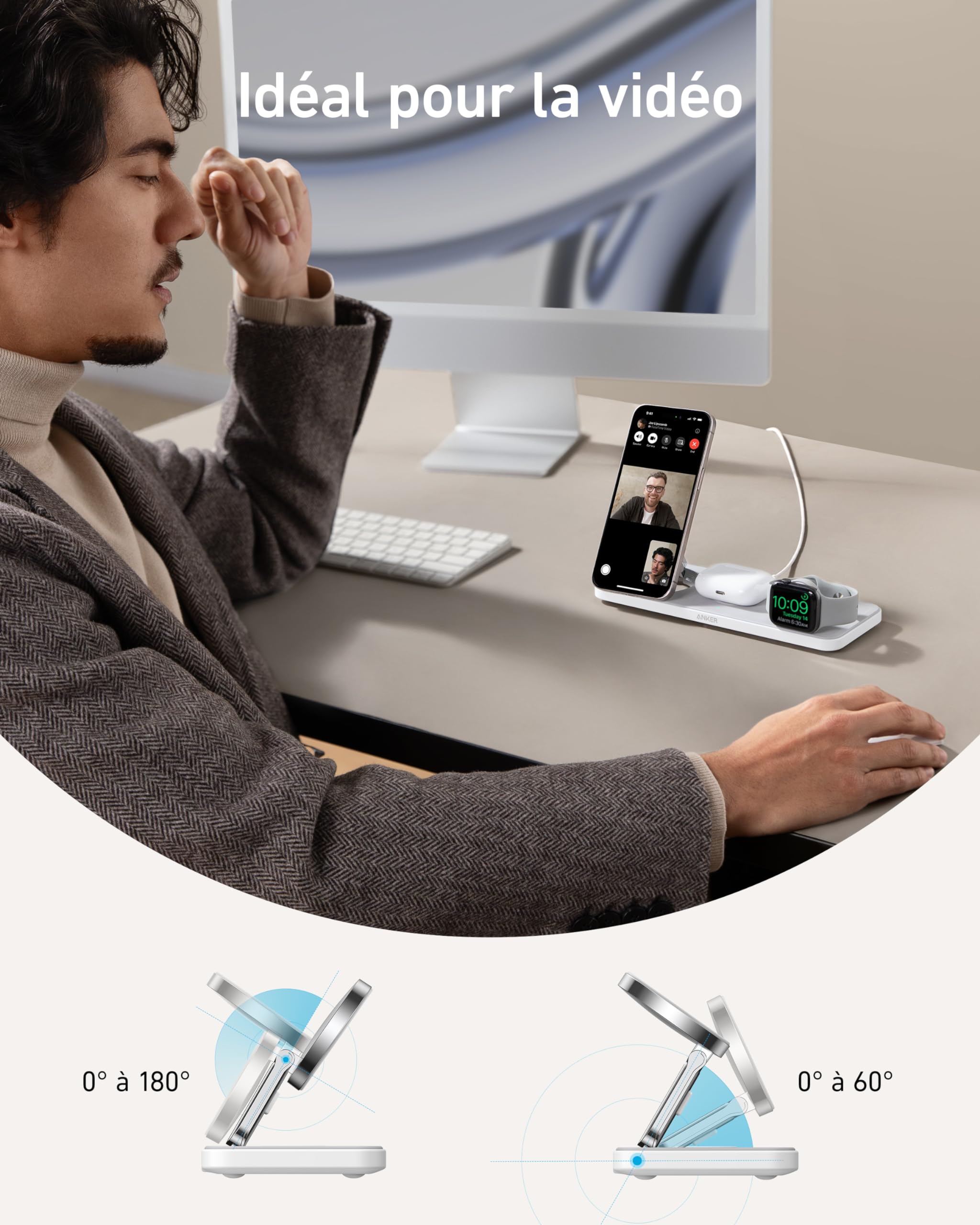Anker Chargeur Induction iPhone 15W Station de Recharge à Induction 3-en-1 Pliable, Ultra Rapide Certification Qi2, pour iPhone séries 17/16, AirPods, Apple Watch(Chargeur USB-C et câble Inclus)