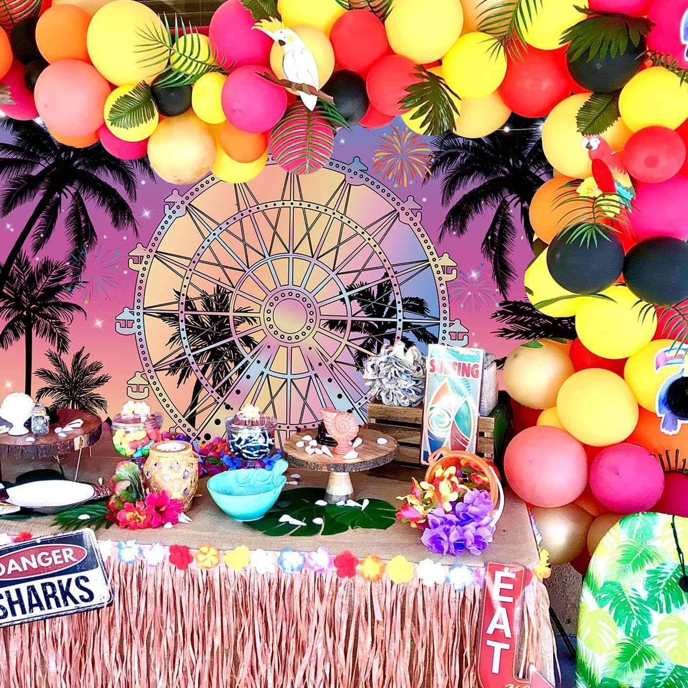 Summer Seaside Ferris Wheel Backdrop 8x6ft Tropical Palm Tree Sunset Photography Background Musical Festival Holidays Party Decoration Banner Studio Props (96''x72'')