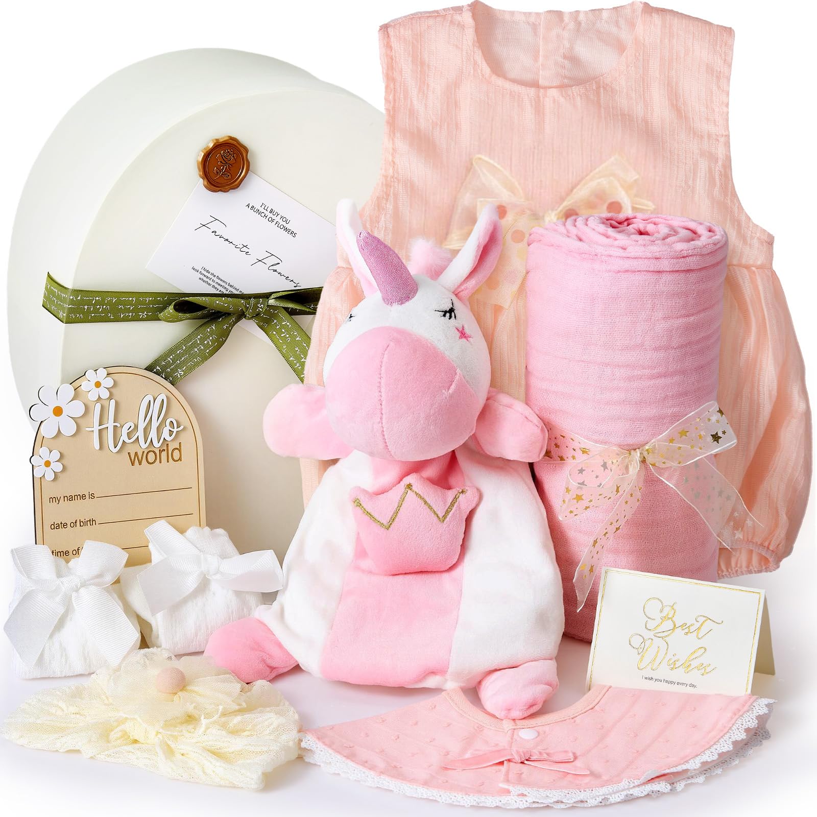 vamei Baby Geschenk Mädchen, Neugeborenen Geschenk Babygeschenke zur Geburt Mädchen mit Strampler Handpuppe Decke Lätzchen Meilenstein Socken Grußkarten, Baby Shower Party Babyparty Geschenke