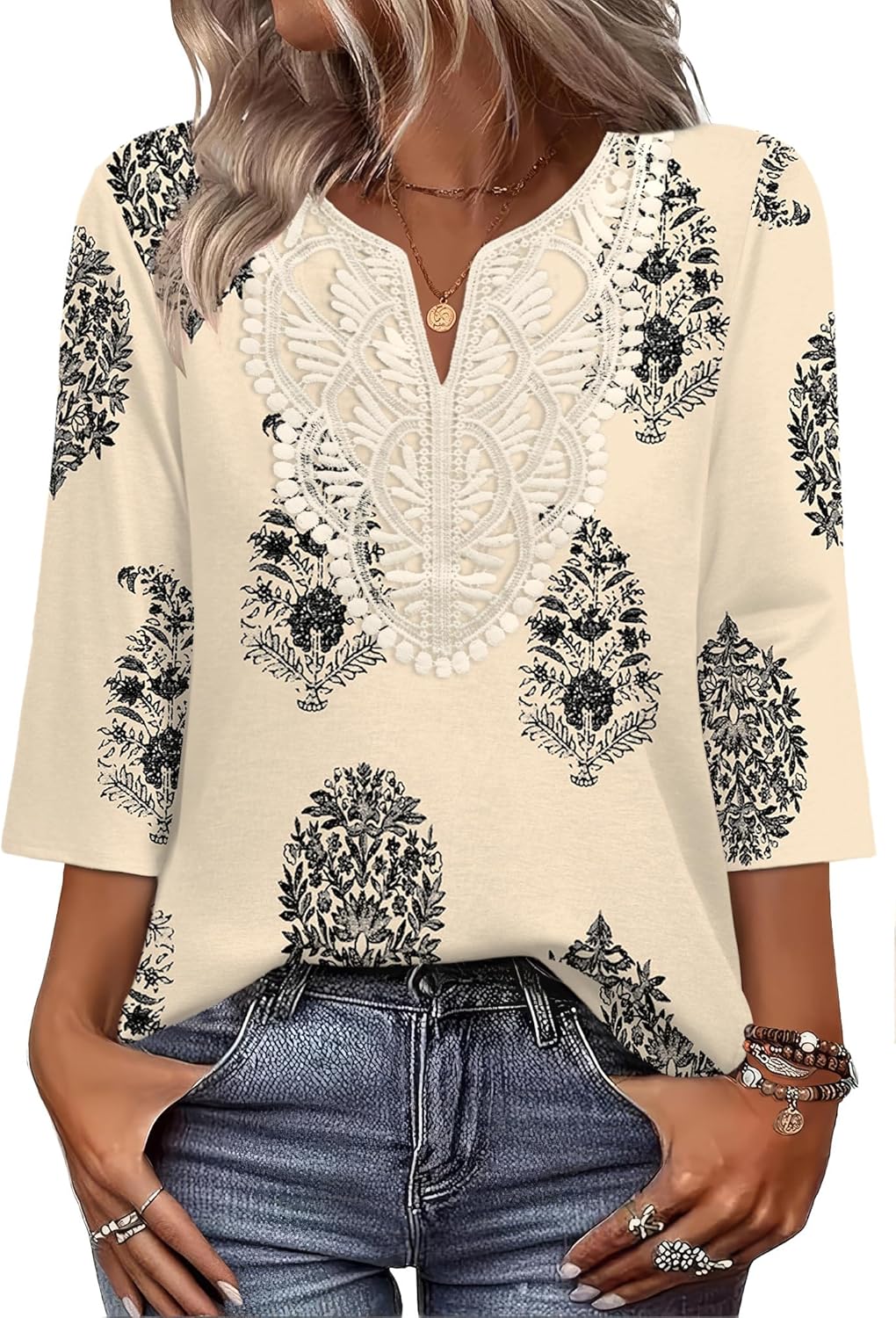 WIHOLL 3/4 Length Sleeve Womens Tops Boho V Neck Lace Shirt Trendy Blouses Dressy Casual Vacation Clothes S-3XL - Image 2