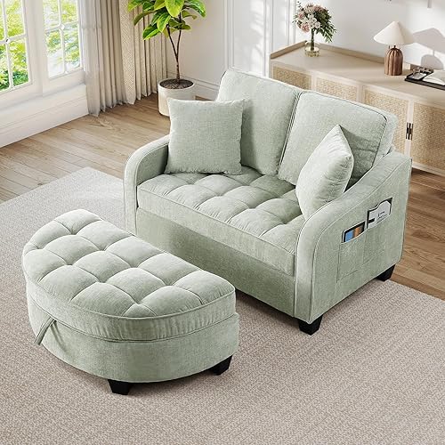 Miniatura 9 de Silla Chaise Lounge de Interior, Silla de Sofá de Chenilla de Gran Tamaño con Otomana de Almacenamiento y Respaldo Ajustable, Sofá Biplaza Cian
