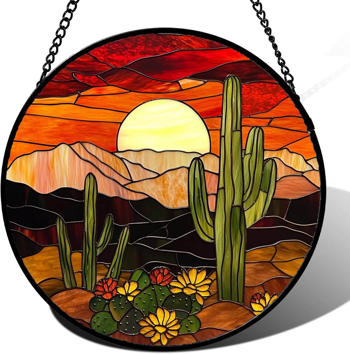 DASTOLL Stained Glass Window Hanging Cactus Flowers in The Desert Red Sunset Large 15" - Suncatcher Door Garden Sun Catcher Decor Birthday Mother's Day for Mom Woman Her Friend Men